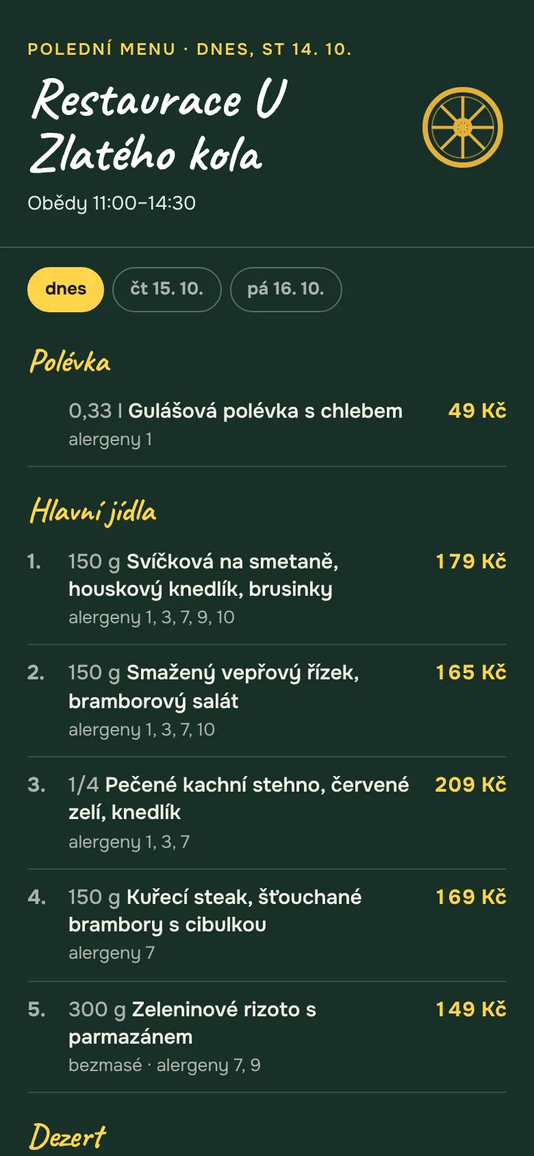 Stránka podniku s menu v mobilu